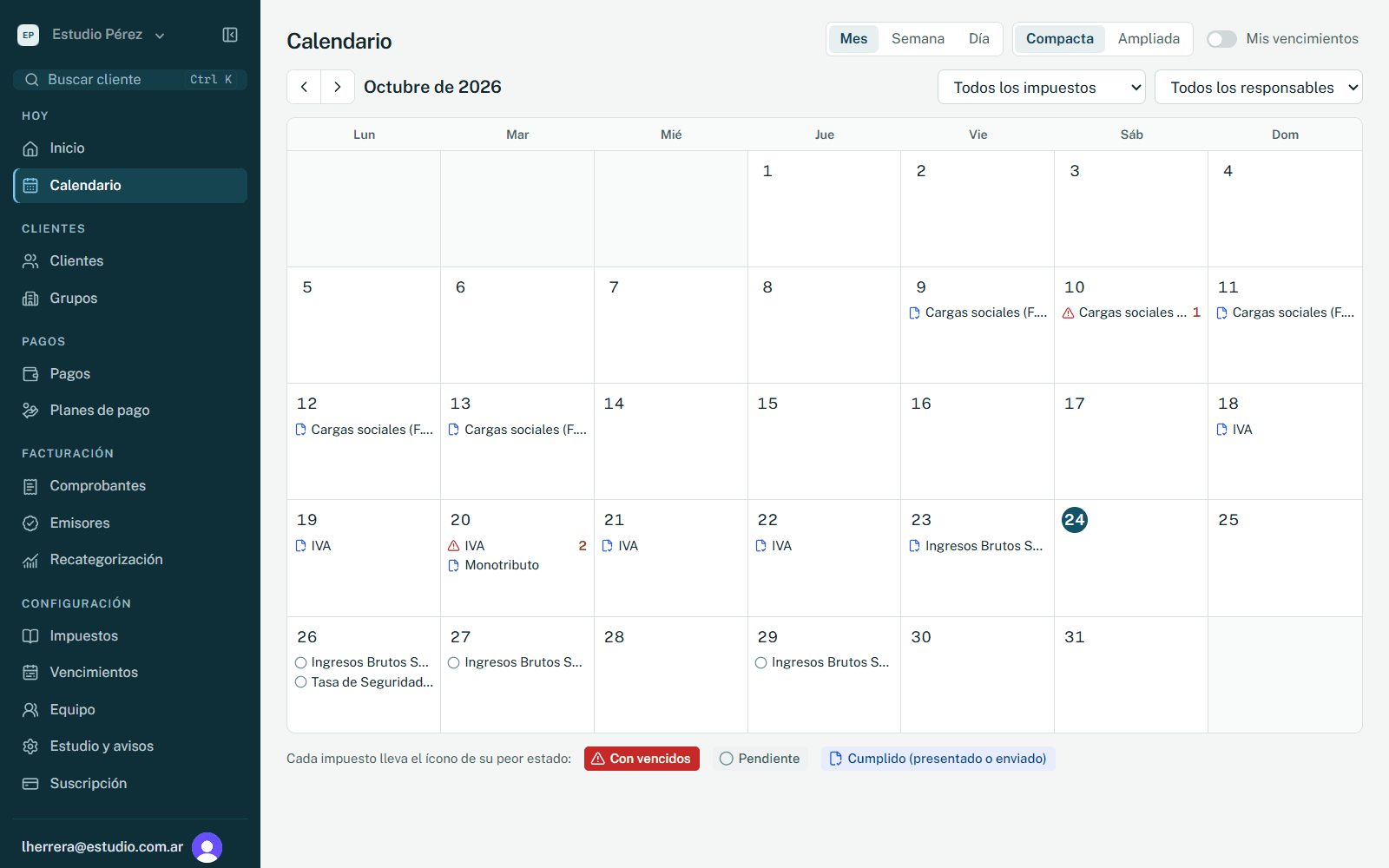 Calendario de vencimientos de un cliente en Cecont