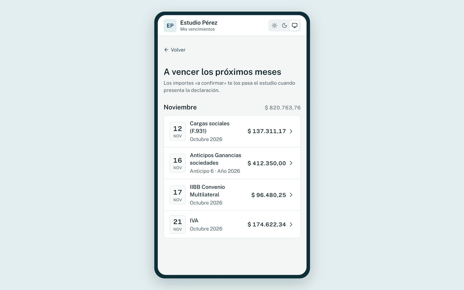Portal del cliente con sus vencimientos y comprobantes